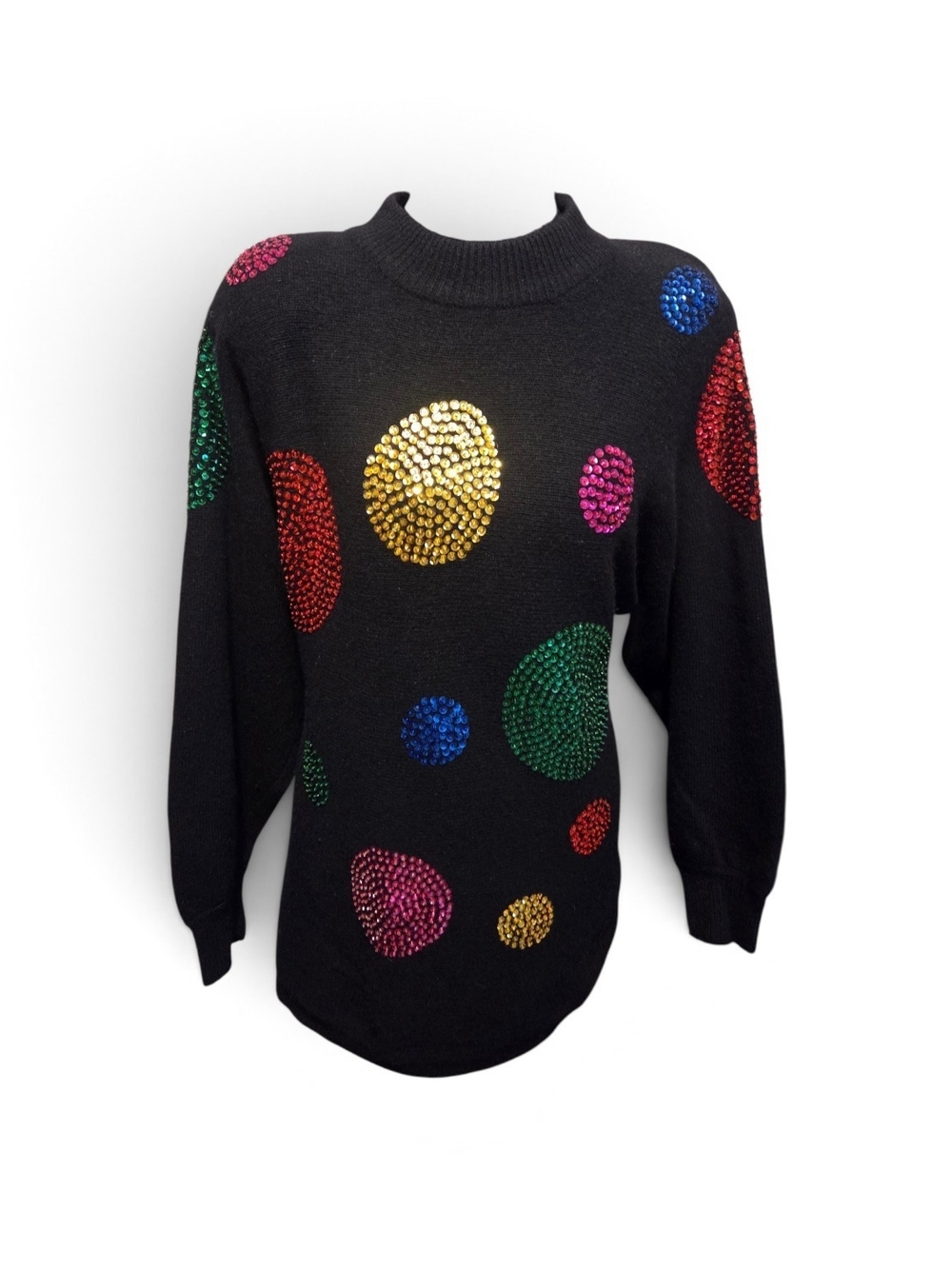 Vintage 80's Women's Black Sweater with Multicolor Sequin Dots Large